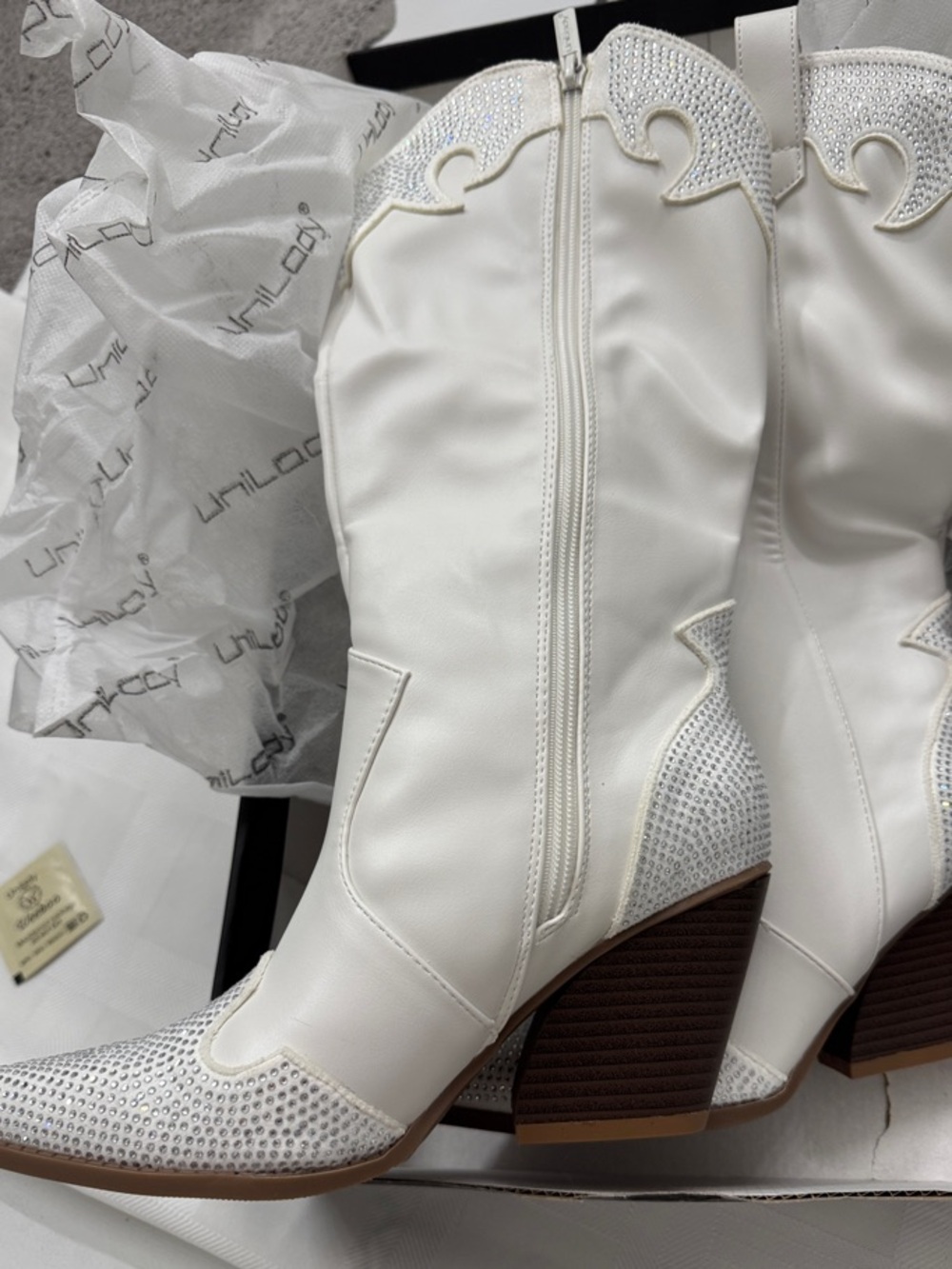 White Western-Inspired Mid-Calf Boots with Crystal Accents